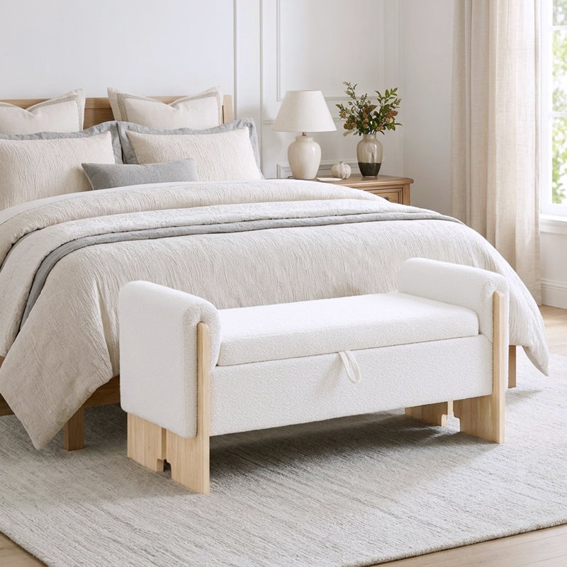 Banc de rangement pour chambre à coucher l 51 po avec pieds brossés en bois massif rétro, Blanc / naturel, 51