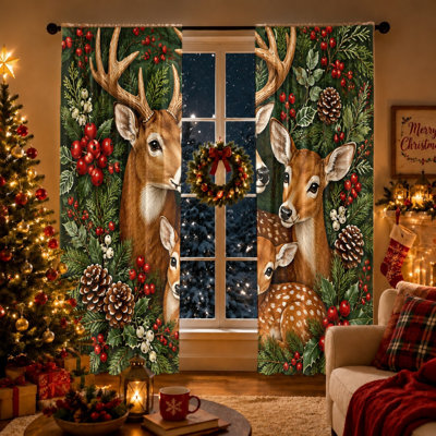 2Pcs Deer Floral Curtains, Vintage Patterned Farmhouse French Country Light Filtering Curtains For Living Room Bedroom Kitchen Rod Pocket Window Drapes, Room Decor Home Decor Bathroom Decor
