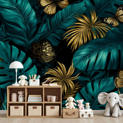 Papier peint adhésif autocollant bleu vert tropical avec feuilles de bananier exotique doré, feuilles de palmier exotique, H 69 po x l 96 po, papier peint amovible en PVC, adhésif mural pour chambre à coucher, bureau à domicile