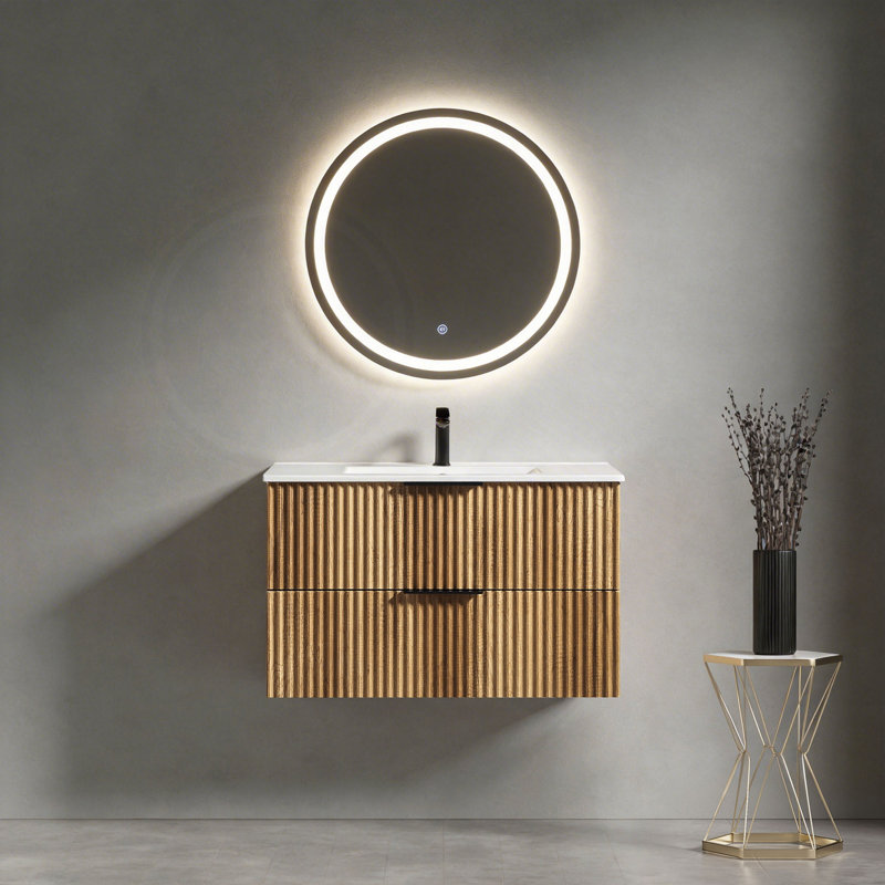 36" Wall-Mounted Bathroom Vanity With 3D Fluted Panel & Ceramic Integrated Sink