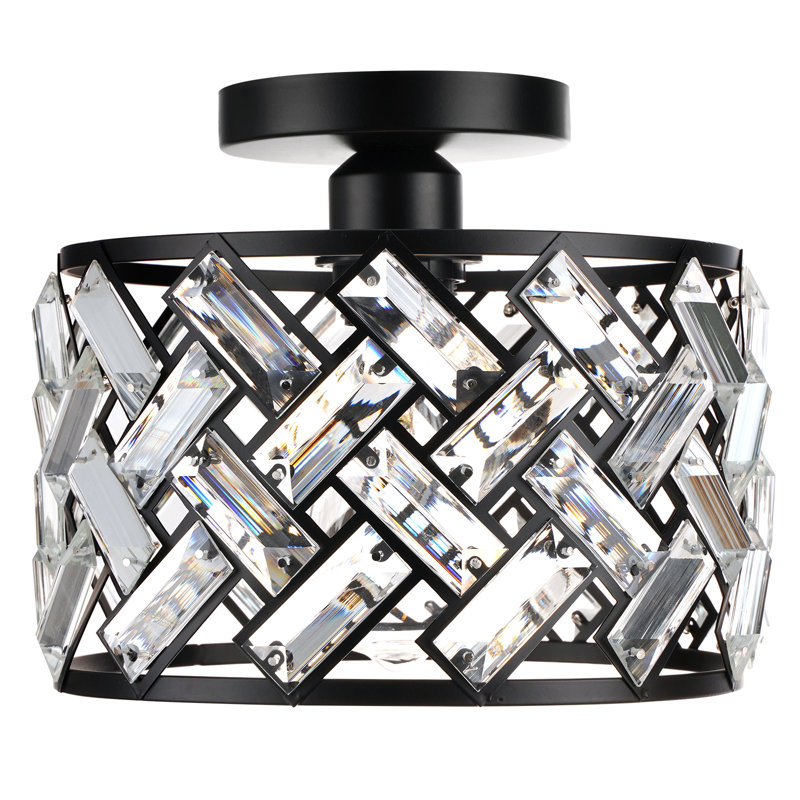 Plafonnier encastré moderne en cristal 3 lumières noir avec abat-jour tambour pour le salon de la chambre à coucher