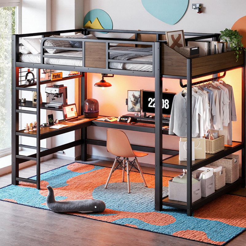Lit mezzanine Sereno avec bureau en L, bande lumineuse DEL et tablettes de rangement, Full
