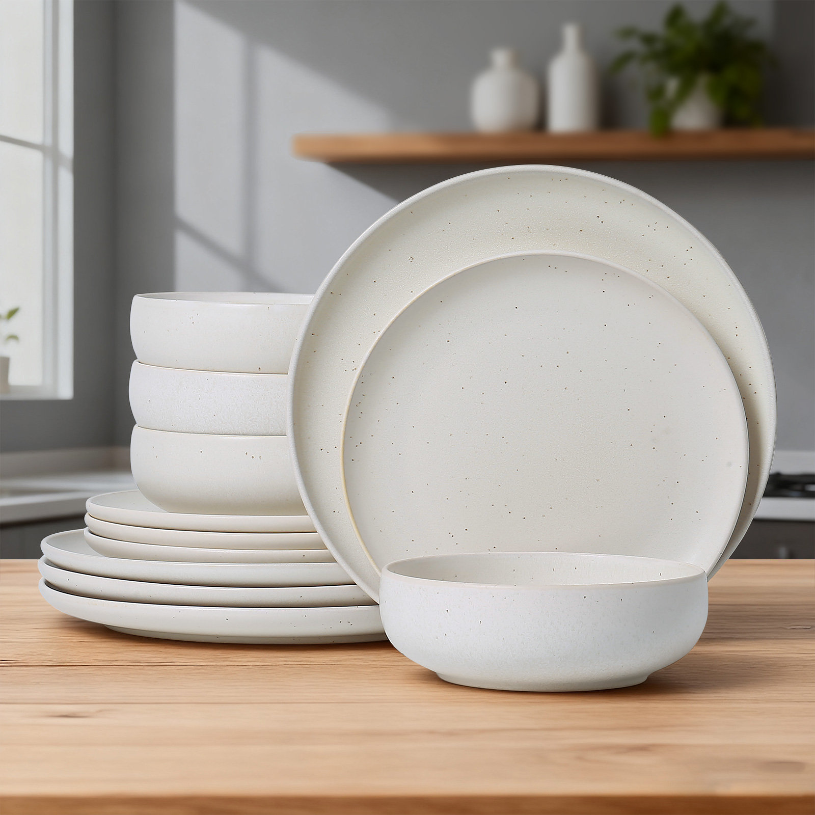  Misty Sprout 12 Piece Stoneware Dinnerware Sets,Service For 4, Cream