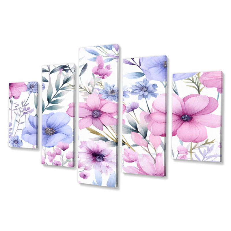 Pétunia rose et bleu sur fond blanc III - Fleurs, art mural salon - 5 panneaux