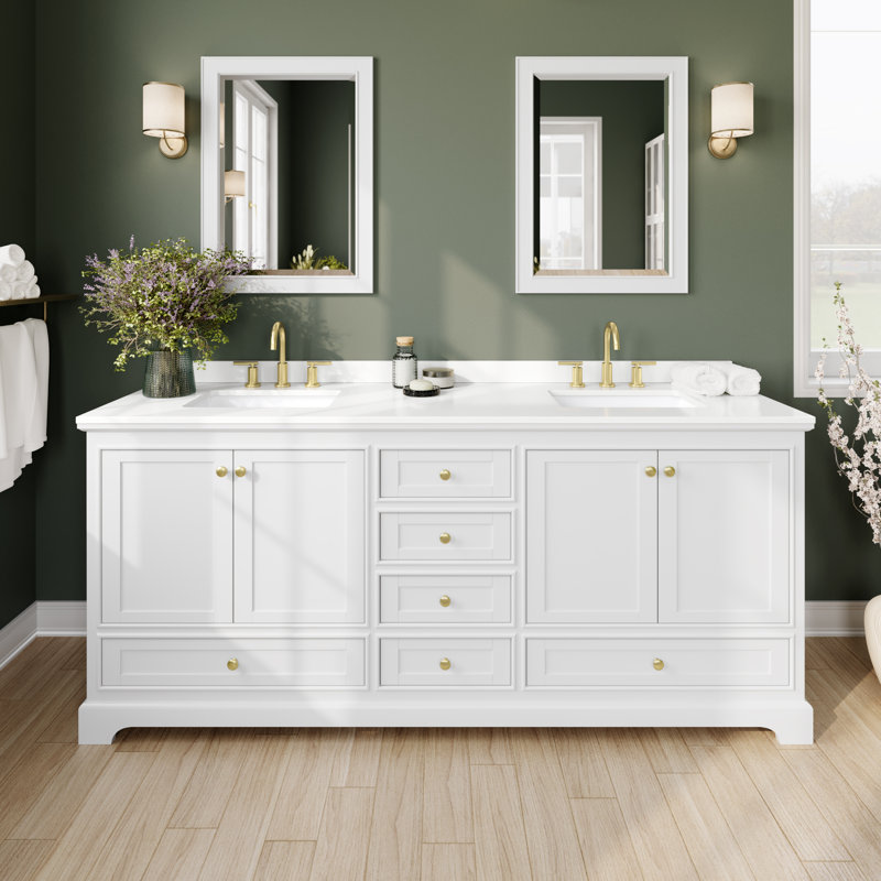Ensemble de meuble-lavabo double autoportant 80 po avec plateau en quartz Deborah, Quartz blanc, Blanc, Or brossé