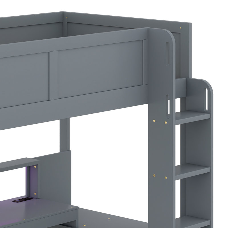 Lit mezzanine en bois avec bureau, tablettes de rangement, tiroir, DEL et station de charge, Lit simple
