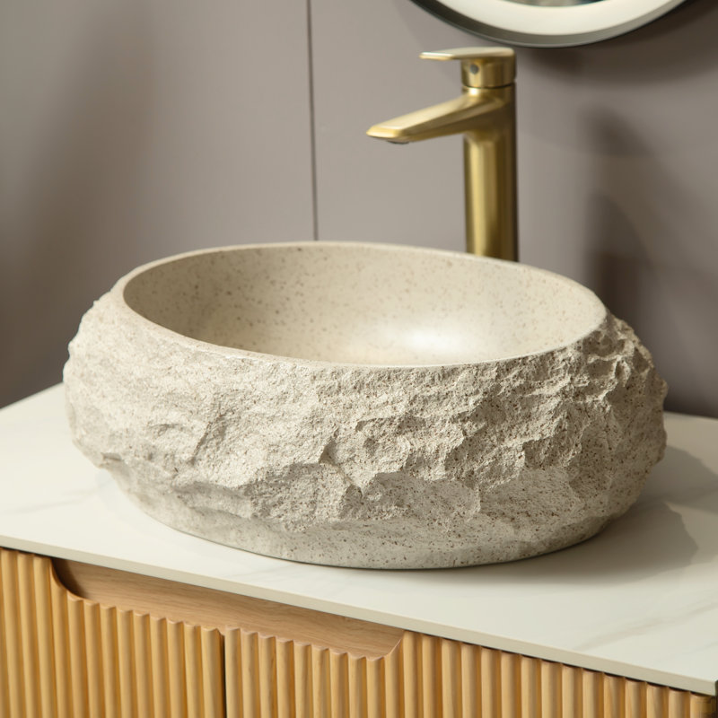 18'' Bathroom Sink, Irregular Oval Resin Vessel Basin With Stone Pattern, Beige
