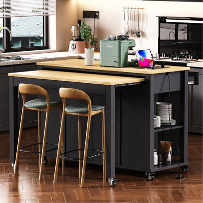 Îlot de cuisine de 47 po avec table de salle à manger extensible, table de cuisine en placage de bois d'hévéa avec support de rangement interne, prise de courant, îlot de cuisine avec rangement 2 tiroirs et 2 armoires