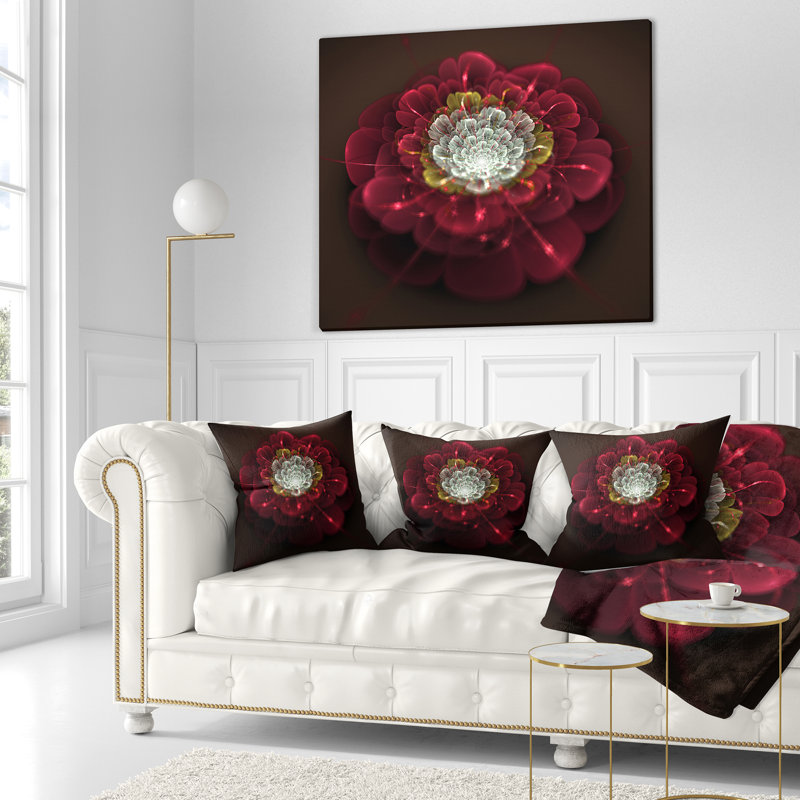 Coussin floral à fleurs fractales, 16 po x 1 po, Rouge, Coussin décoratif