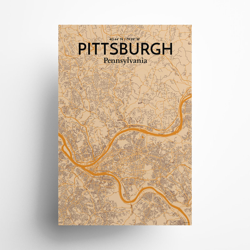 Pittsburgh City Map, impression, Orange / or pâle, H 36 po x l 24 po