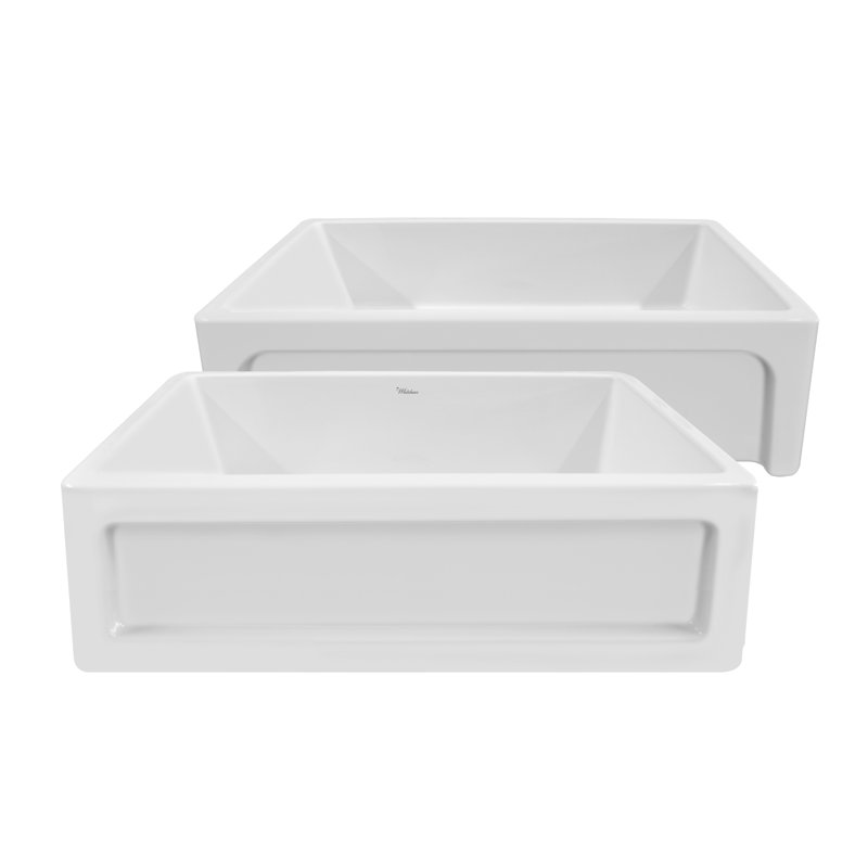 Whitehaus 33” Reversible Single Bowl Fireclay Kitchen Sink: Shaker Panel, Beveled Front Apron, White