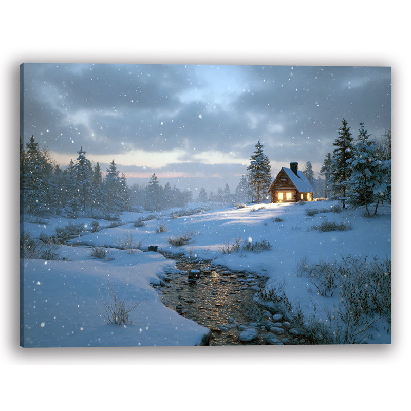Cozy Cabin in Winter Snowfall - Peaceful Holiday Landscape, art mural sur toile tendue, H 36 po x l 48 po