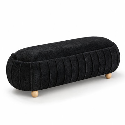 Banc d'appoint rembourré avec couvercle rabattable et rangement intégré, pouf repose-pieds en chenille avec pieds robustes en bois d'hévéa, assise rembourrée multifonctionnelle