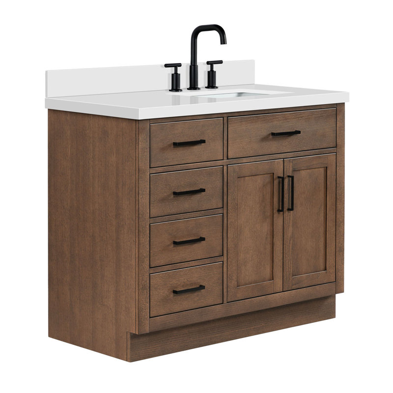 Meuble-lavabo simple en bois massif 42 po Tidworth avec plateau en quartz blanc 1,5 po, Oui, Forme rectangulaire, Chêne brun