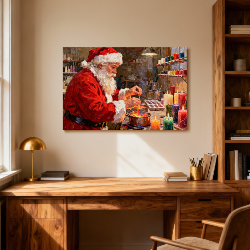 Père Noël faisant des bougies dans un atelier, H 16 po x l 24 po