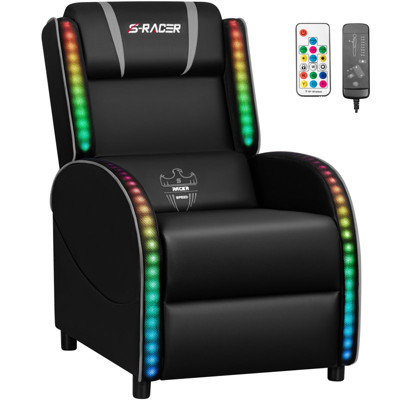 Faux Leather PC & Racing Game Chair with RGB LED Lights and Massage Lumbar Support, Black/Gray