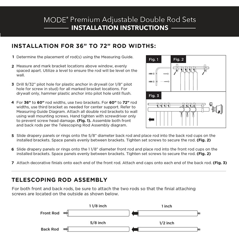 Mode Premium Collection 1 1/8 in Diameter Curtain Rod Set with Geo Finials and Steel Wall Mounted Adjustable Rod, 36" - 72"