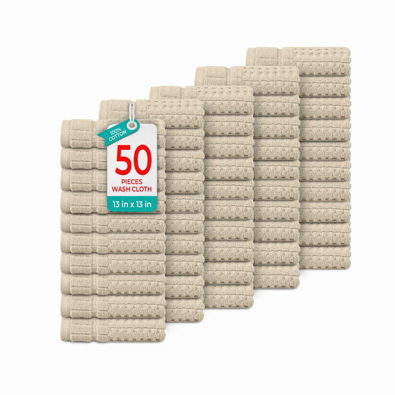 Willow 50 Pieces Washcloth Towel Set – 100% Combed Cotton, Premium Quality 630 GSM, Ivory, Ultra-Soft & Highly Absorbent (50 Wash Towels)