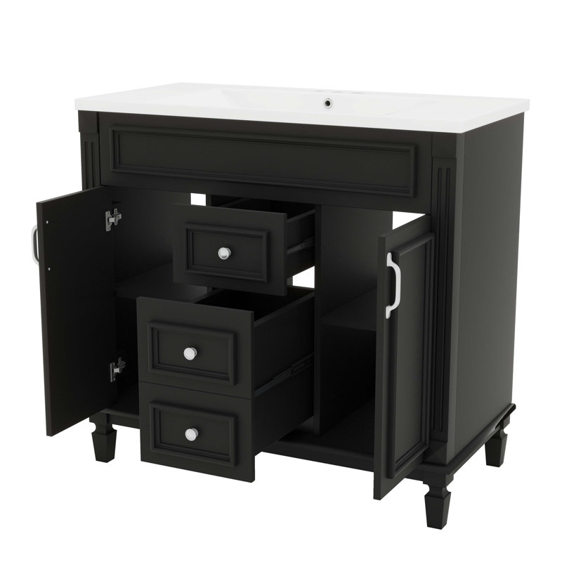 36" Bathroom Vanity Comes With Sink, Freestanding Bathroom Cabinet Featuring 2 Soft-Close Doors & Drawers, Black, White