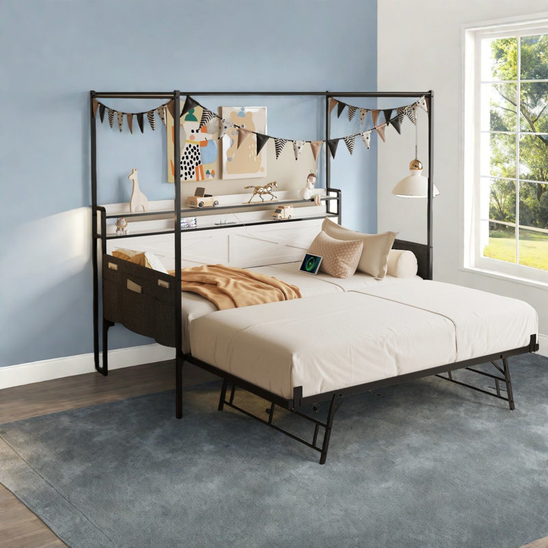 Space-saving Twin Daybed With Metal Trundle And Modern Guardrails