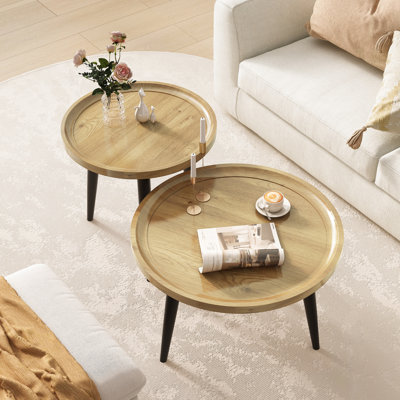 Kently Nesting Round Coffee Table, Living Room Wood Coffee Table, 23.6''D & 18.9''D