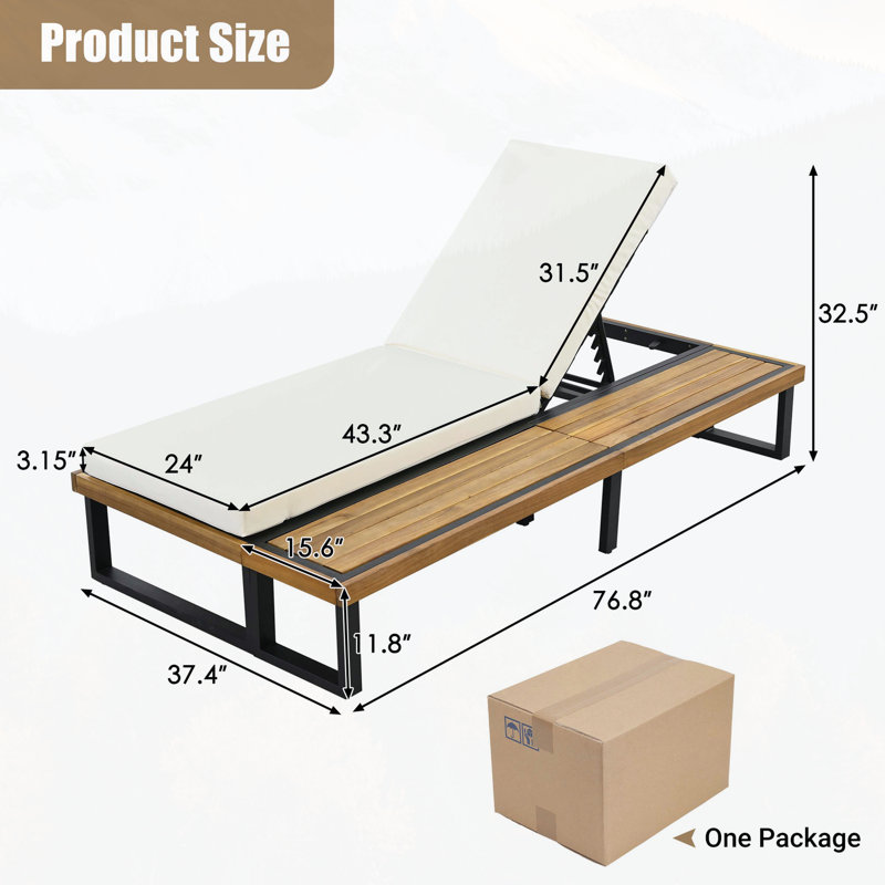 Outdoor Chaise Lounge Chair with 5-Position Adjustable Backrest, Reclining with Cushion, Patio Lounger with Wood Side Table, Sturdy Frame for Poolside, Garden, and Backyard