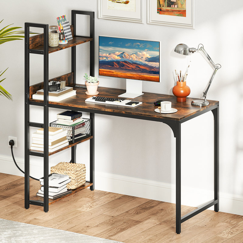 Computer Desk 120 CM Study Writing Desk With Charging Station, Brown