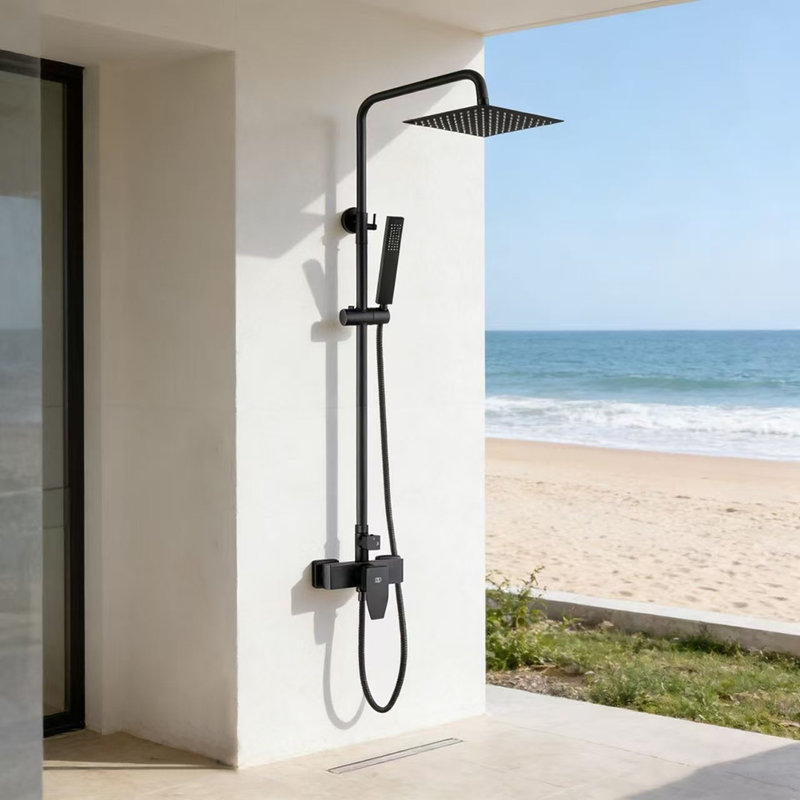 Système de douche d'extérieur et d'extérieur noir mat | Robinet en laiton massif, pluie en acier inoxydable et combiné manuel