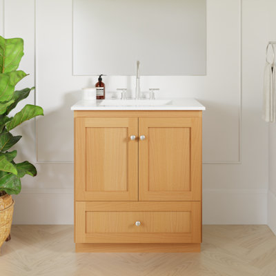 Shaker 31 in. W x 22 in. D x 35 in. H Vanity with No Side Drawers in Natural Alder with Ceramic Vanity Top in White