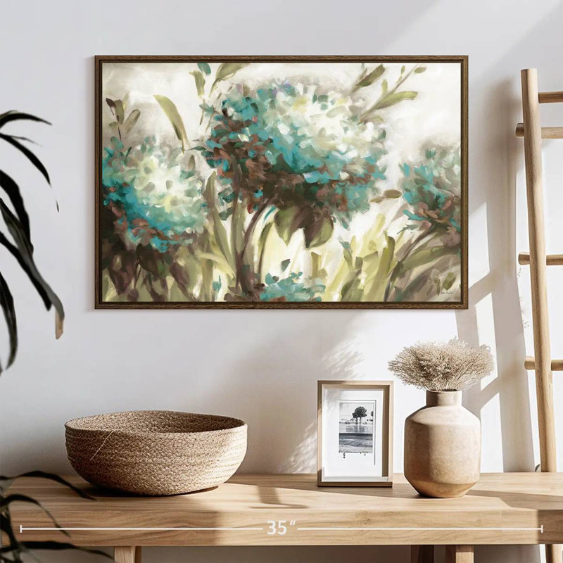 Hydrangea Field Neutral, 25" X 17", Floating Frame Walnut