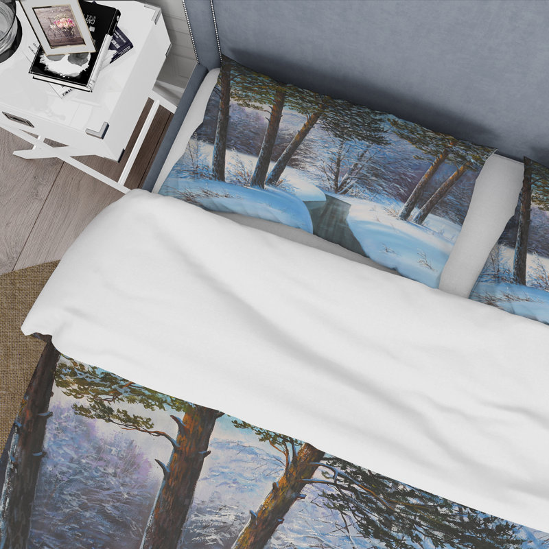 Forêt de Noël avec rivière et arbres III - Ensemble de housse de couette traditionnel - Microfibre de polyester
