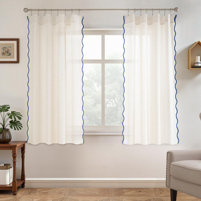 Semi Sheer Scalloped Edge White Coastal Beach Window Curtains for Living Room Bedroom 2 Panels Rod Pocket, 52" W x 18" L