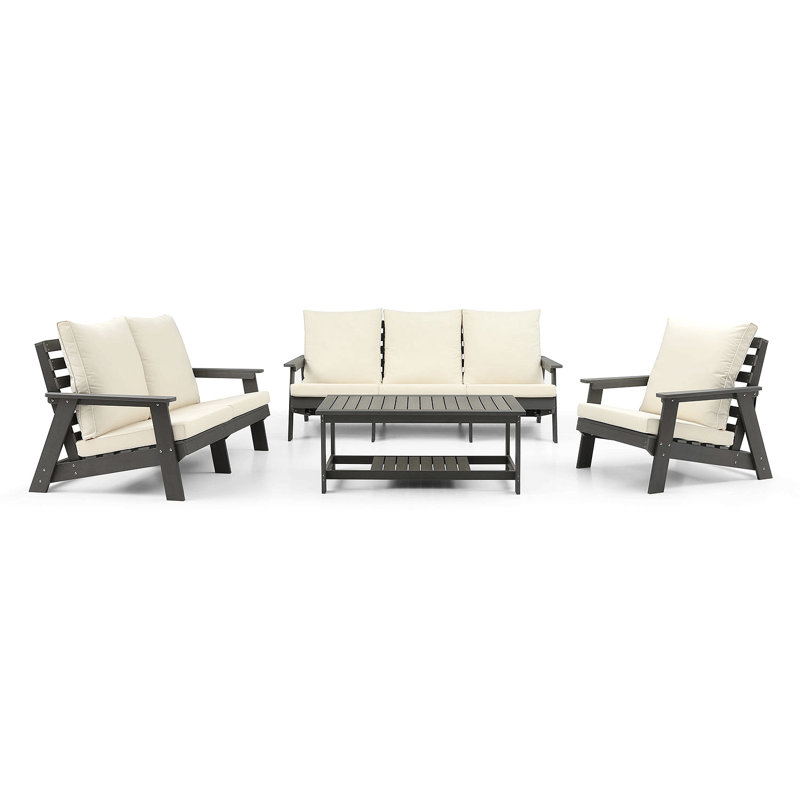 Hips 3 Seater Sofa With Cushion, Wood Grain Outdoor Garden Sofa, Gray