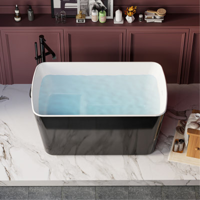 49'' X 28'' Acrylic Freestanding Soaking Bathtub, Square-Shape Japanese Soaking Hot Tub, Sit-In Design With Chrome Overflow And Drain, Available For Express Delivery, Glossy Black