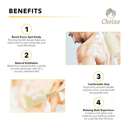 Brosse de bain exfoliante naturelle en luffa, fibres végétales et bois, 1 pièce, fini grain de bois, long manche pour la douche