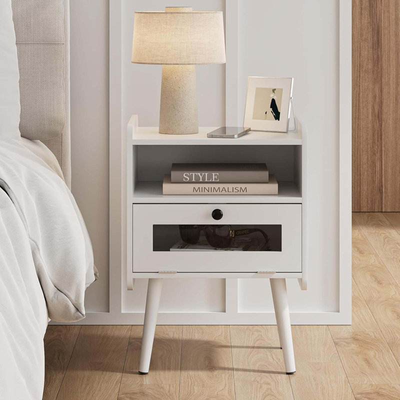 Night Stand, Modern Side Table Nightstand Bedside Table With Storage Drawer And Open Wood Shelf,Small End Side Table With Front Clear Drawer For Bedroom,Living Room,White Without Outlet