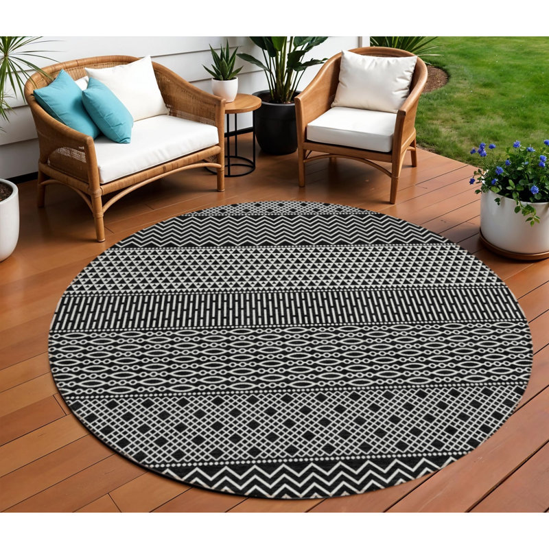 Tapis rond noir et ivoire lavable 8 po