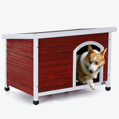 Medium Wooden Outdoor Dog House, Waterproof Roof, Elevated Floor, Adjustable Plastic Feet, Red