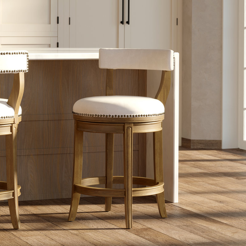 Tabouret de bar 26 po à hauteur de comptoir, finition pacane avec siège et dossier en tissu de lin, 1 pièce