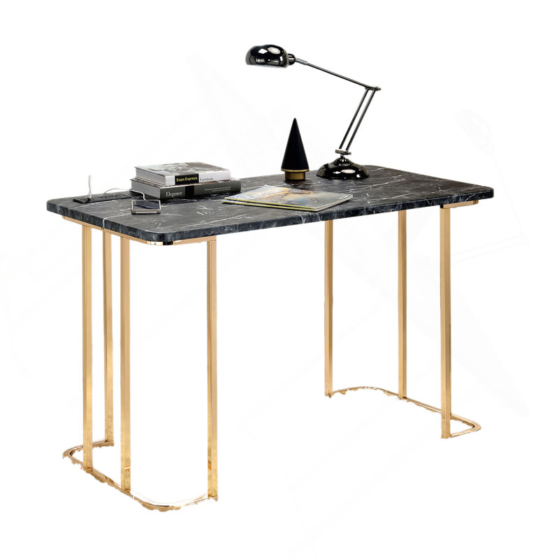 Bureau contemporain avec faux USB en marbre et prise de courant, or / noir