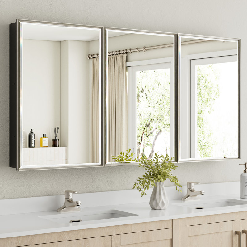 Belwood Recessed or Surface Framed Medicine Cabinet with Beveled Mirror Door & Adjustable Glass Shelves, Brushed Nickel