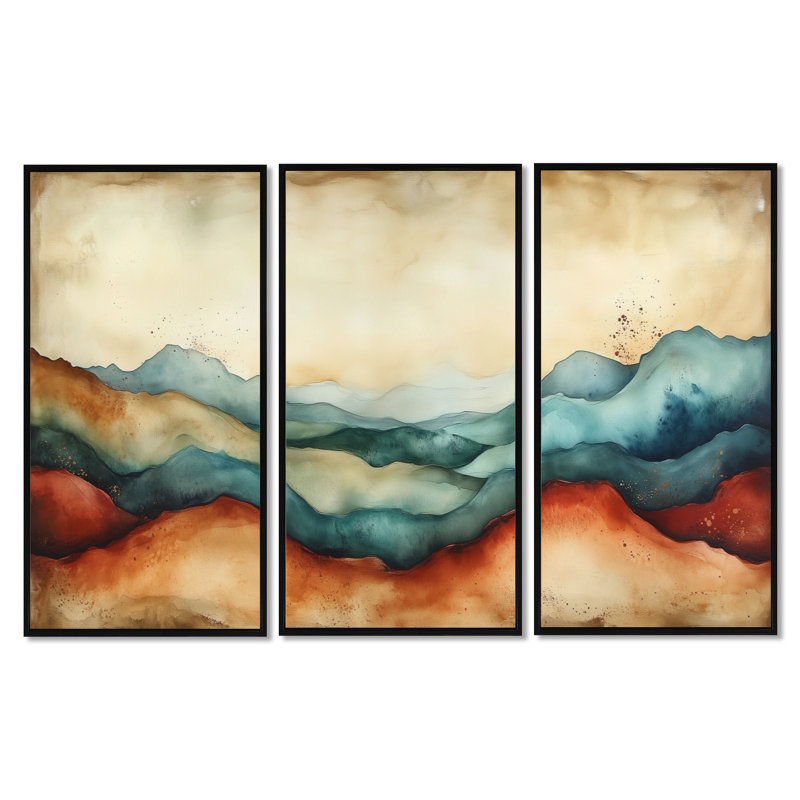 «Desert Horizon in Rust and Clay - Abstract Landscape», ensemble de 3 reproductions sur toile encadrées, H 32 po x l 48 po