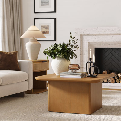 Pedestal Rustic Wood Square Coffee Table With Rounded Edge