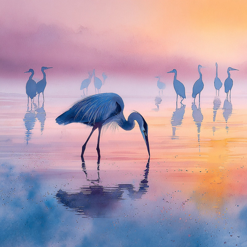 Art mural sur toile Twilight Heron Gathering, H 20 po x l 20 po