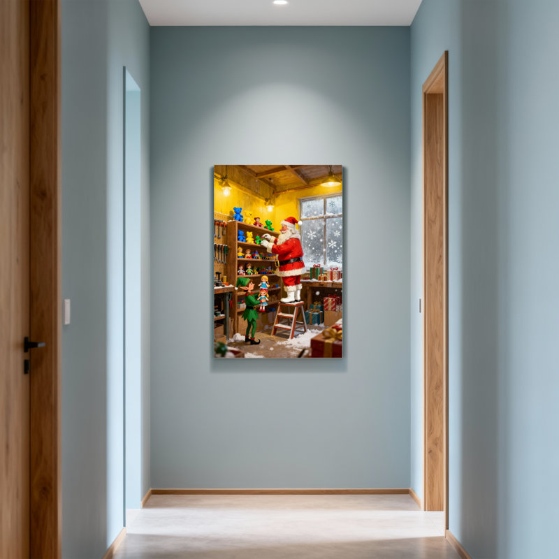 Noël, père Noël et elfe dans un atelier de fabrication de jouets, H 18 po x l 12 po