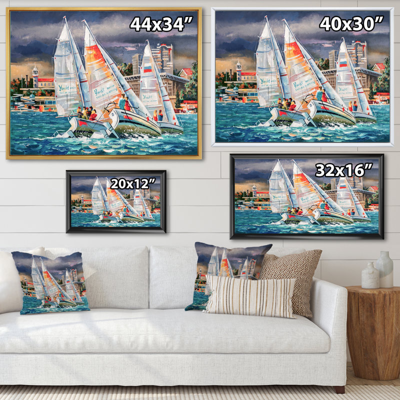Regatta voiliers arrivant à la finition IV - peinture sur toile, H 30 po x l 40 po, Toile à cadre flottant blanc