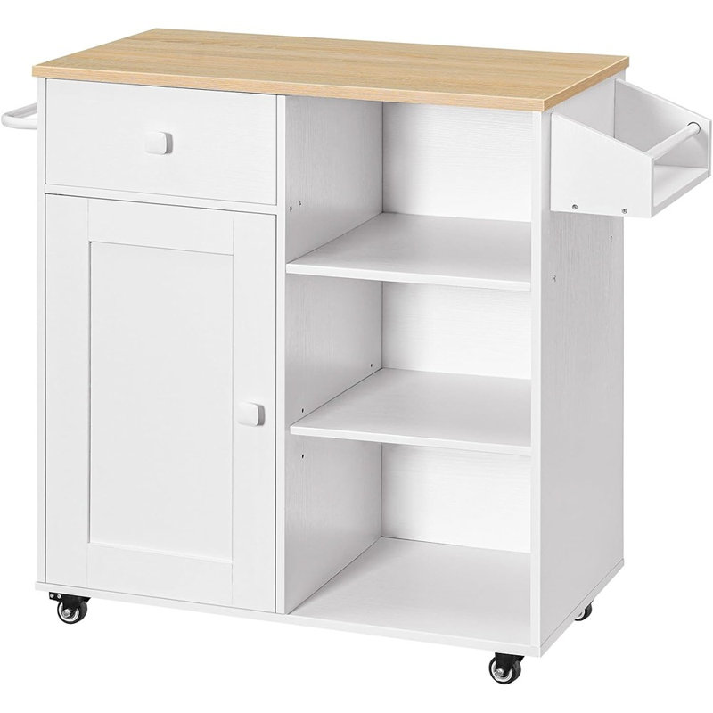 Kitchen Storage Cabinet With Drawer, Kitchen Cart With Spice And Towel Rack, Space-Saving Mobile Island For Living Room, White And Natural