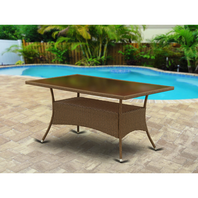 Table de salle à manger d'extérieur en osier rectangulaire avec plateau en verre, brun, Brun