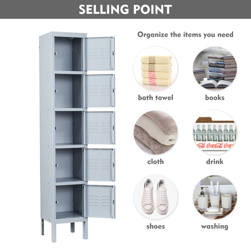Metal 5 - Tier 65.98'' Gym Locker with Padlock, Gray