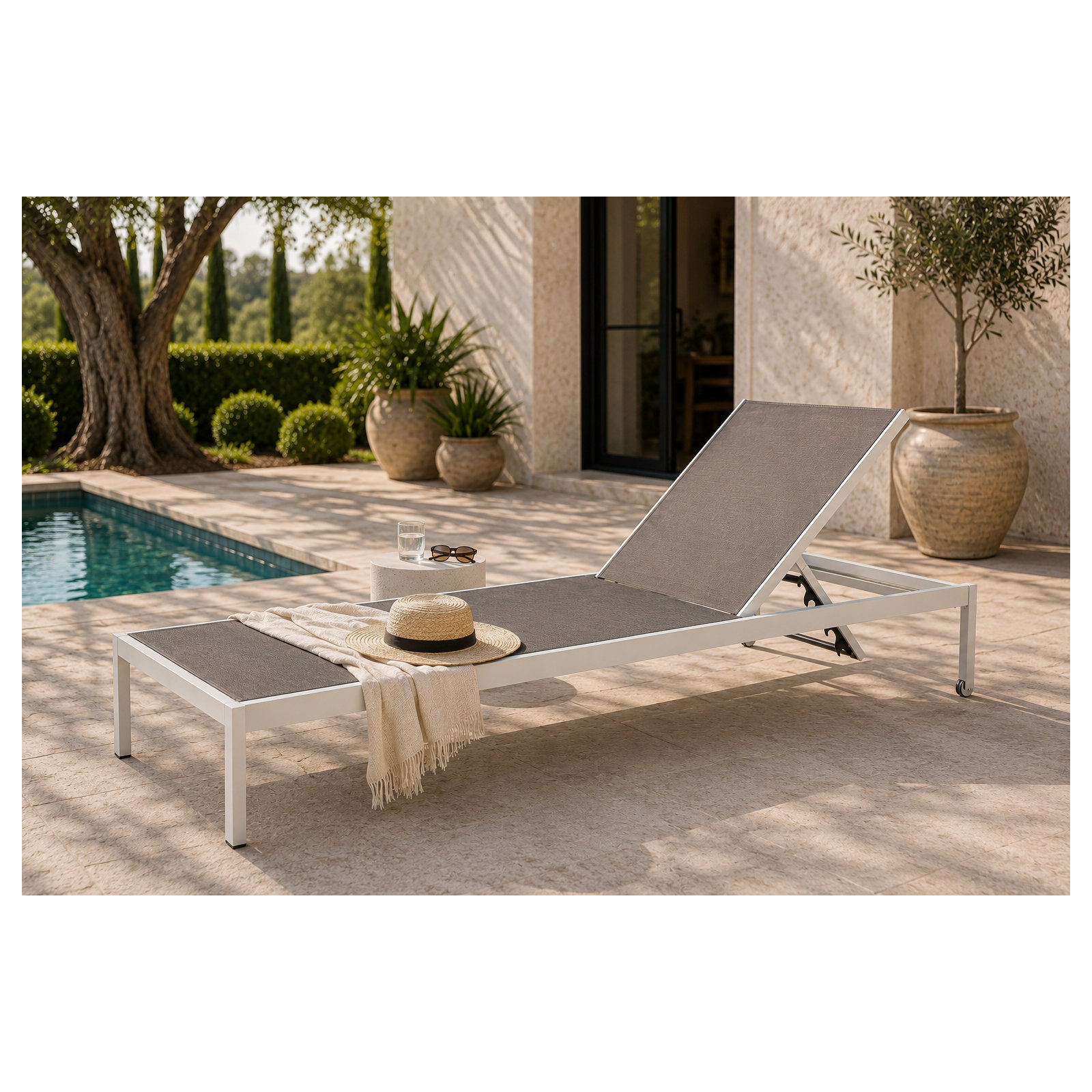 Aynura Outdoor Aluminum Chaise Lounge, White/Taupe